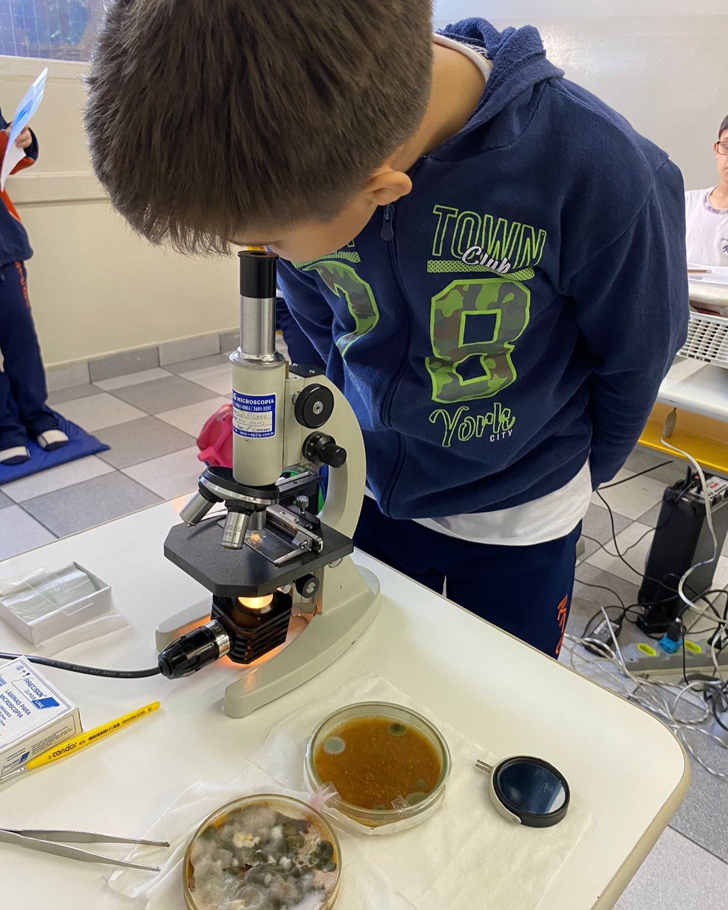 Estudante utilizando um microscópio em uma atividade prática de ciências